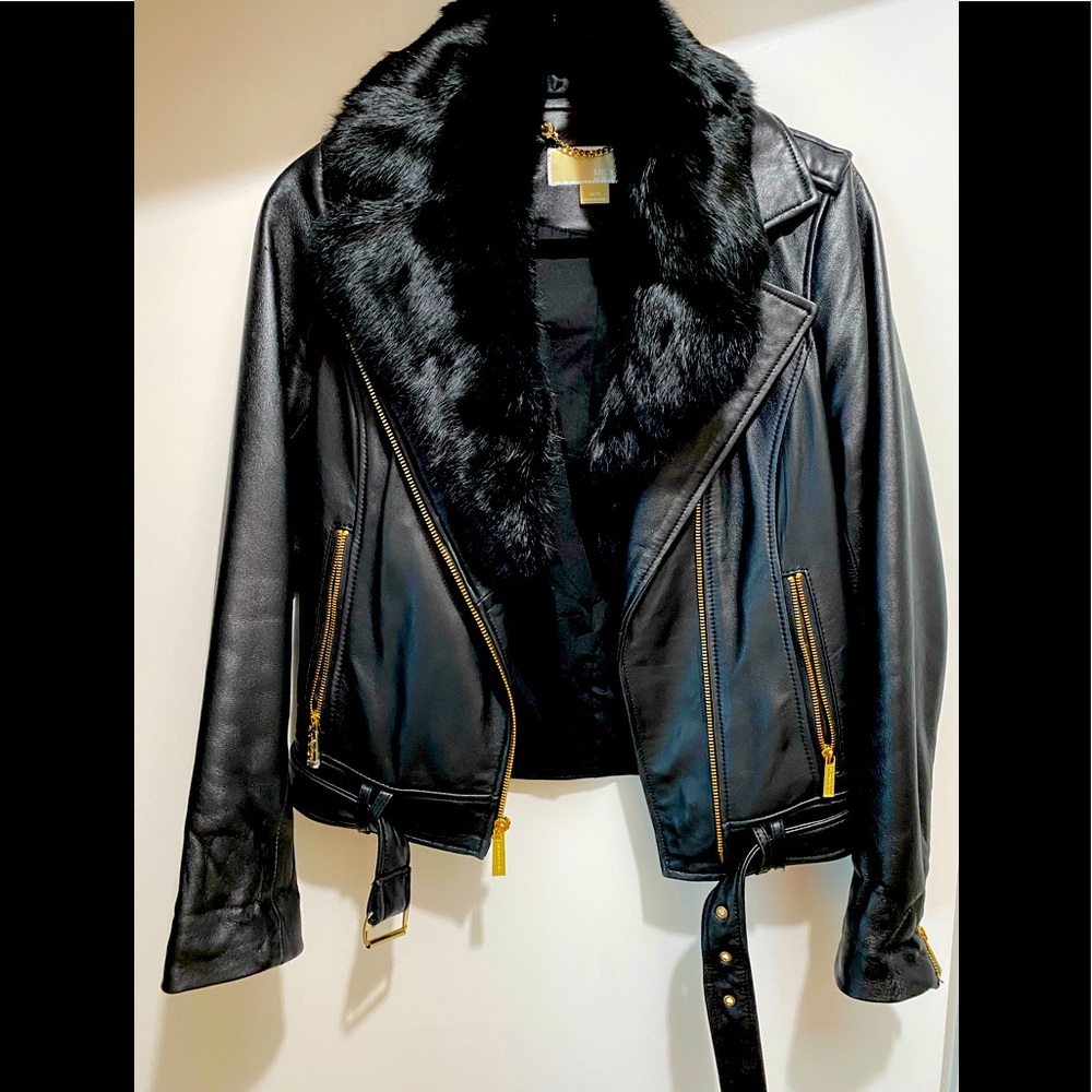 Belted Leather Jacket with Fur Collar